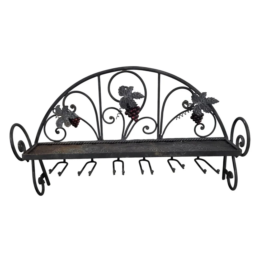 Wrought Iron Wall Mounted Wine Rack Stemware Glass Holder Grape Leaf Rustic Deco